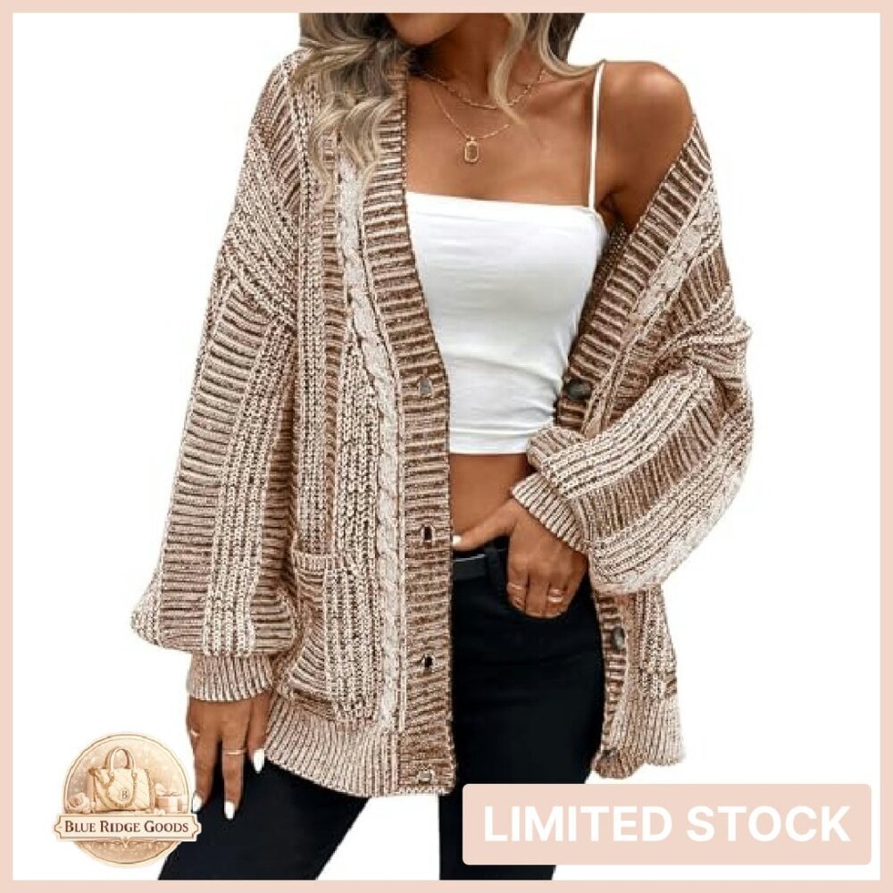 Oversized Cable Knit Cardigan Sweater Long Sleeve Vintage Chic Outerwear - Picture 2 of 8
